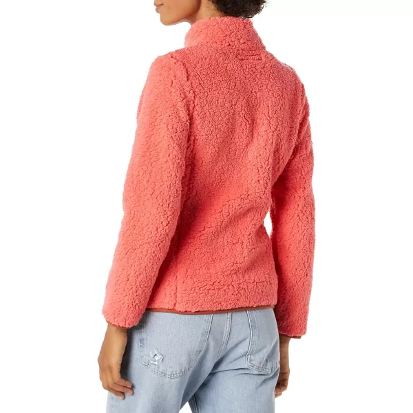 Amazon Essentials Womens Sherpa LongSleeve Mock Neck FullZip Jacket with Woven Trim Available in Plus SizeBrown Coral Pink Color Block