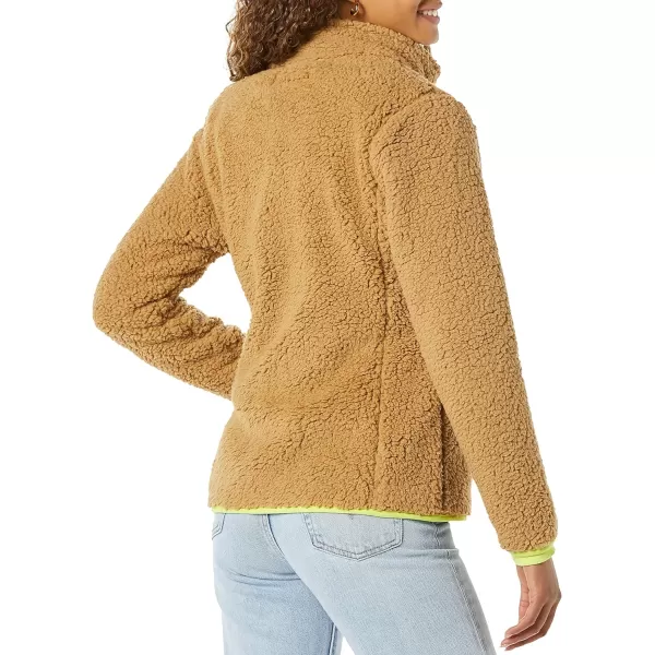 Amazon Essentials Womens Sherpa LongSleeve Mock Neck FullZip Jacket with Woven Trim Available in Plus SizeCamel Neon Yellow Color Block