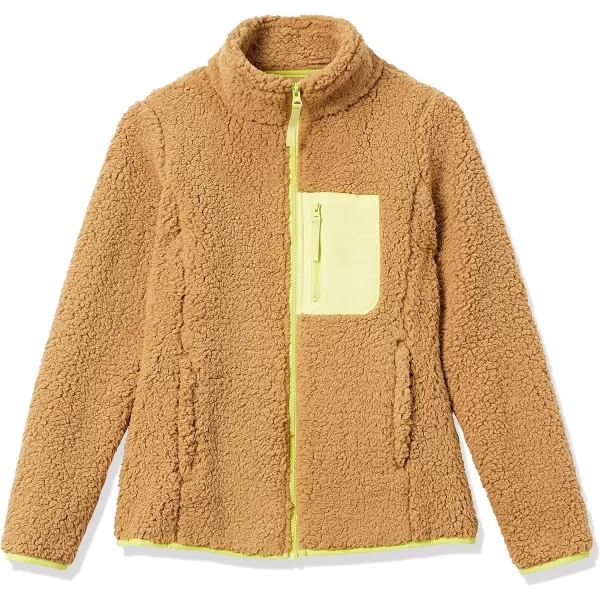 Amazon Essentials Womens Sherpa LongSleeve Mock Neck FullZip Jacket with Woven Trim Available in Plus SizeCamel Neon Yellow Color Block