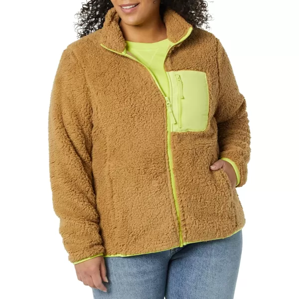 Amazon Essentials Womens Sherpa LongSleeve Mock Neck FullZip Jacket with Woven Trim Available in Plus SizeCamel Neon Yellow Color Block