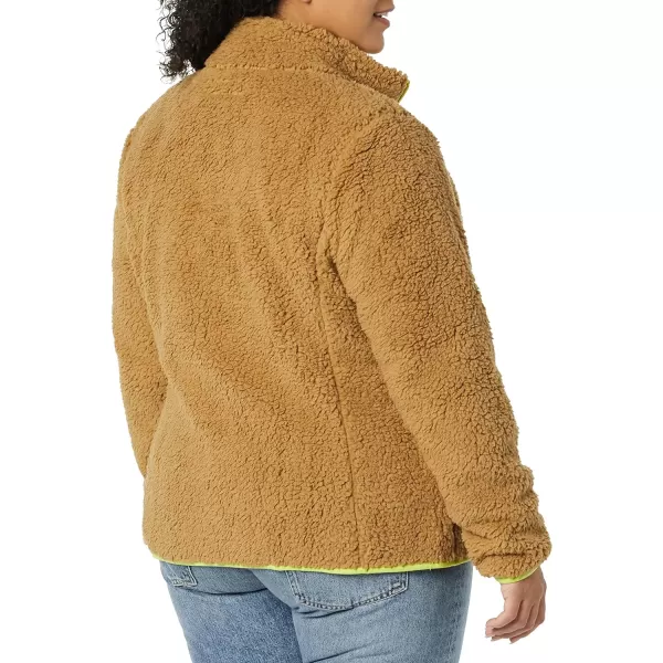 Amazon Essentials Womens Sherpa LongSleeve Mock Neck FullZip Jacket with Woven Trim Available in Plus SizeCamel Neon Yellow Color Block