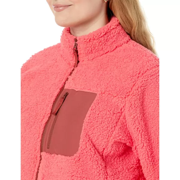 Amazon Essentials Womens Sherpa LongSleeve Mock Neck FullZip Jacket with Woven Trim Available in Plus SizeCoral PinkTobacco Brown