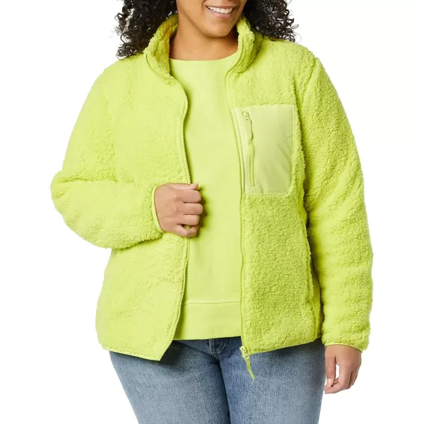 Amazon Essentials Womens Sherpa LongSleeve Mock Neck FullZip Jacket with Woven Trim Available in Plus SizeLime Green