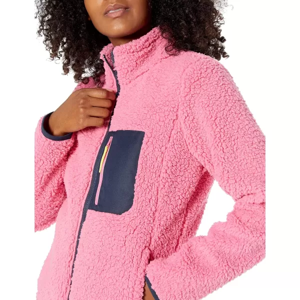 Amazon Essentials Womens Sherpa LongSleeve Mock Neck FullZip Jacket with Woven Trim Available in Plus SizePinkNavy
