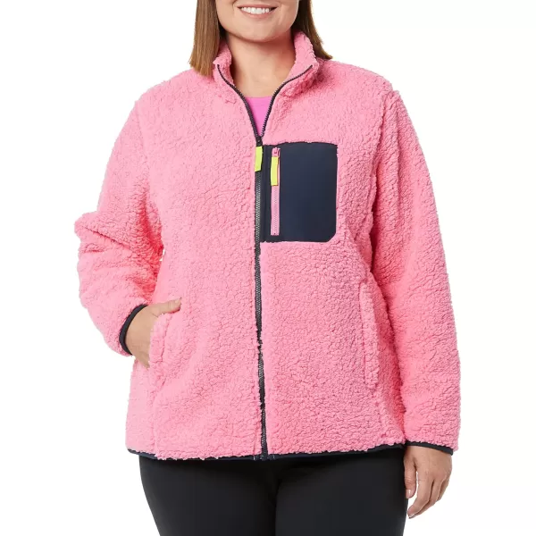 Amazon Essentials Womens Sherpa LongSleeve Mock Neck FullZip Jacket with Woven Trim Available in Plus SizePinkNavy
