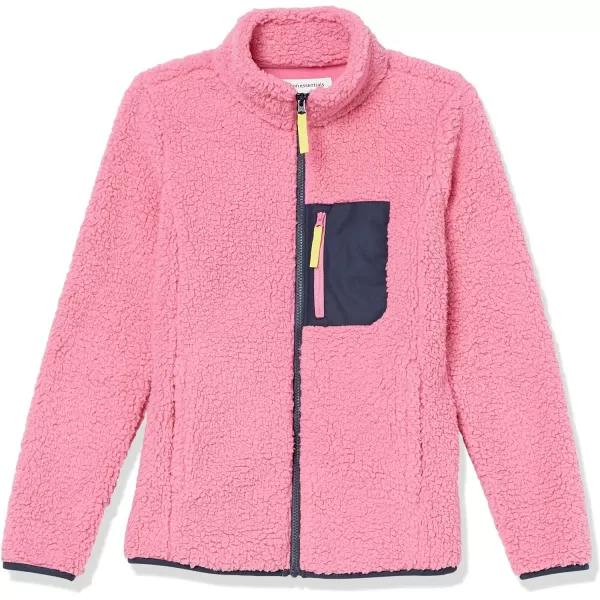 Amazon Essentials Womens Sherpa LongSleeve Mock Neck FullZip Jacket with Woven Trim Available in Plus SizePinkNavy