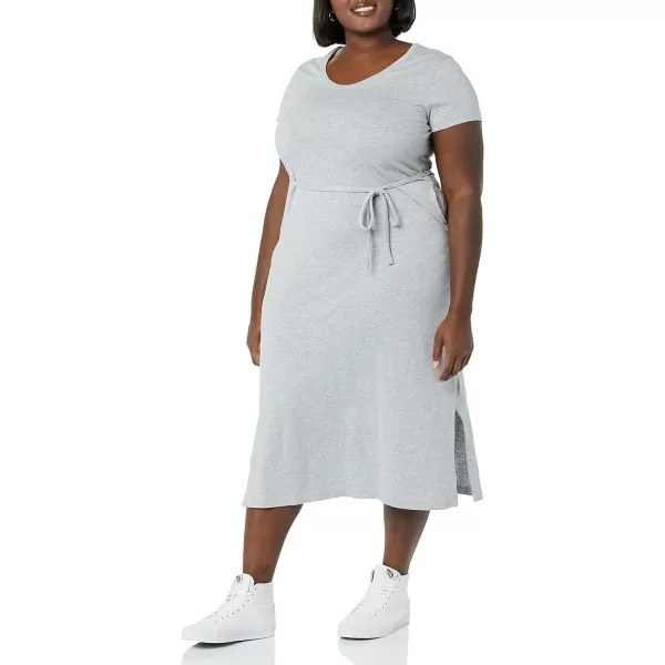 Amazon Essentials Womens Short Sleeve Belted Midi TShirt DressLight Grey Heather