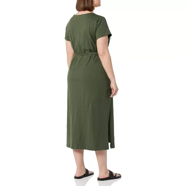 Amazon Essentials Womens Short Sleeve Belted Midi TShirt DressOlive