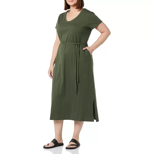 Amazon Essentials Womens Short Sleeve Belted Midi TShirt DressOlive