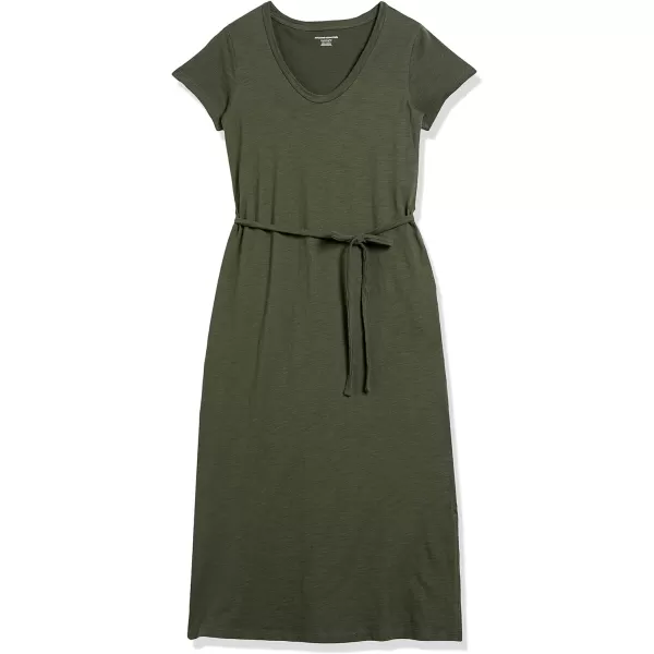 Amazon Essentials Womens Short Sleeve Belted Midi TShirt DressOlive