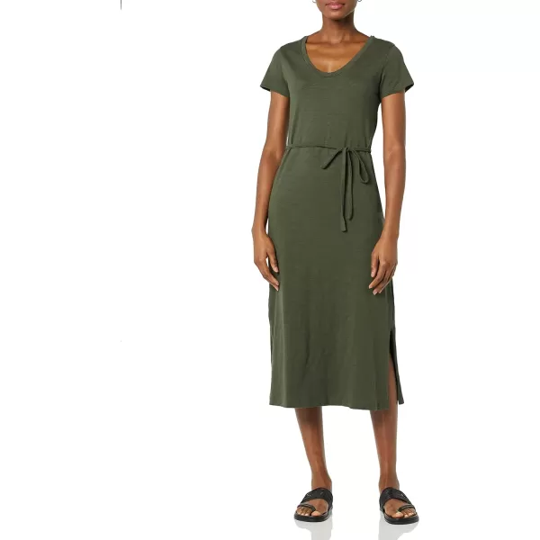 Amazon Essentials Womens Short Sleeve Belted Midi TShirt DressOlive