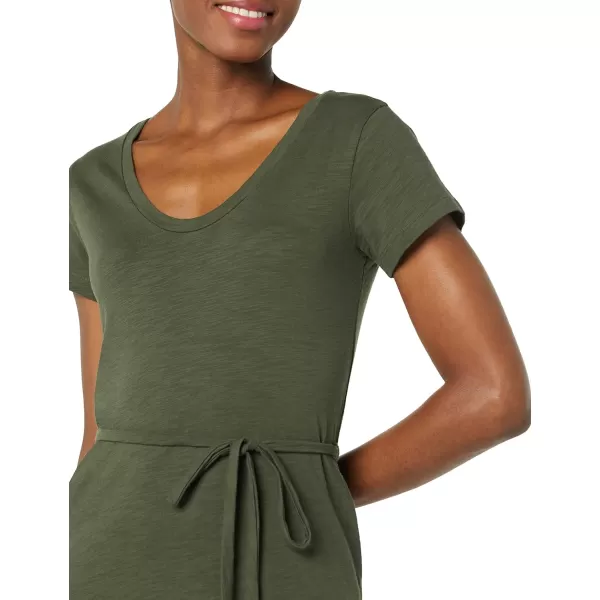 Amazon Essentials Womens Short Sleeve Belted Midi TShirt DressOlive