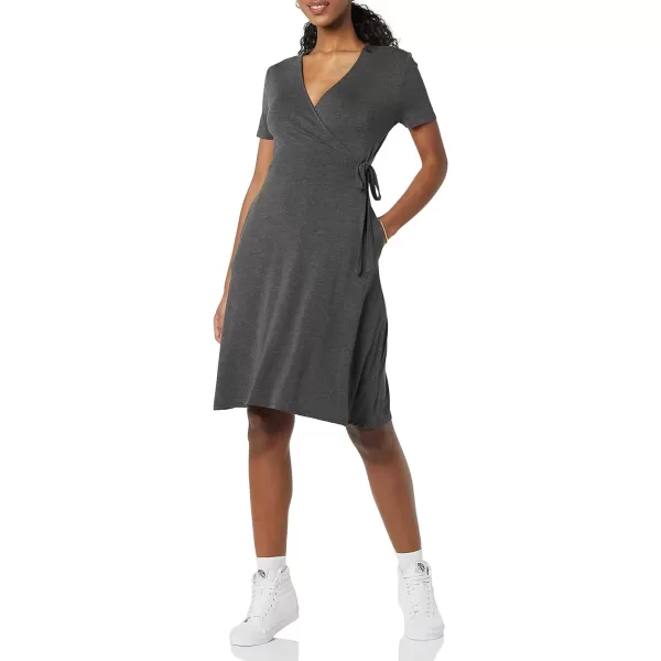 Amazon Essentials Womens Short Sleeve FauxWrap DressRayon Blend Charcoal Heather