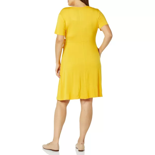 Amazon Essentials Womens Short Sleeve FauxWrap DressRayon Blend Golden Yellow