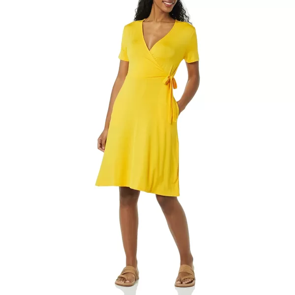 Amazon Essentials Womens Short Sleeve FauxWrap DressRayon Blend Golden Yellow