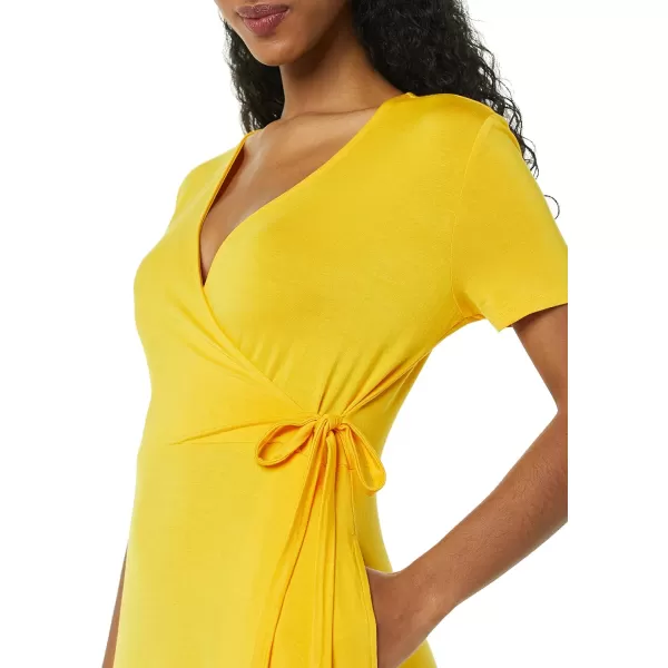 Amazon Essentials Womens Short Sleeve FauxWrap DressRayon Blend Golden Yellow