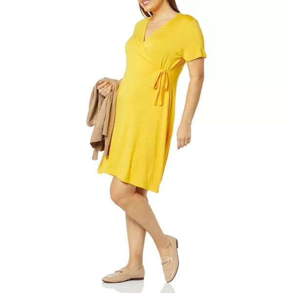 Amazon Essentials Womens Short Sleeve FauxWrap DressRayon Blend Golden Yellow