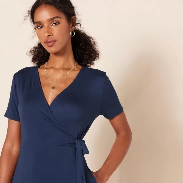 Amazon Essentials Womens Short Sleeve FauxWrap DressRayon Blend Navy
