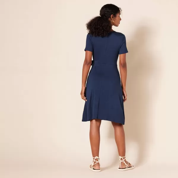 Amazon Essentials Womens Short Sleeve FauxWrap DressRayon Blend Navy