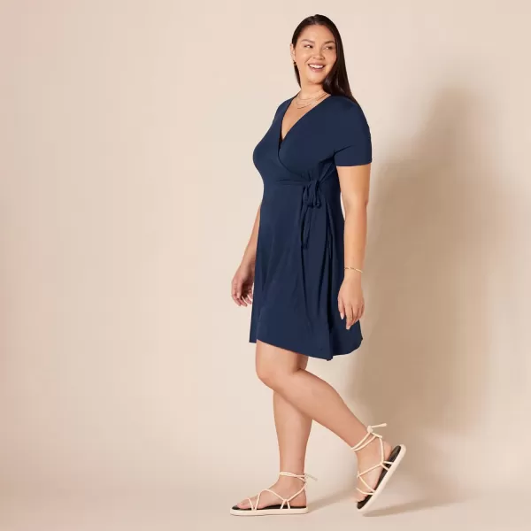 Amazon Essentials Womens Short Sleeve FauxWrap DressRayon Blend Navy