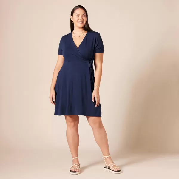 Amazon Essentials Womens Short Sleeve FauxWrap DressRayon Blend Navy