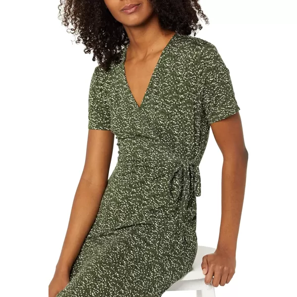 Amazon Essentials Womens Short Sleeve FauxWrap DressRayon Blend Olive Dots