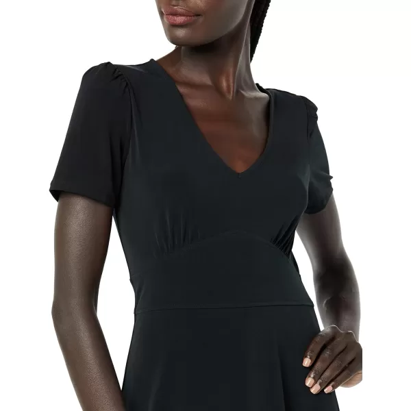 Amazon Essentials Womens Short Sleeve VNeck Gathered Fit and Flare DressBlack