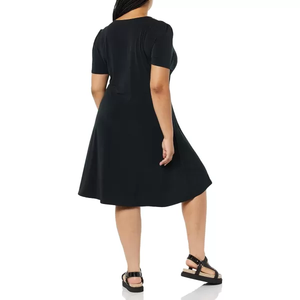 Amazon Essentials Womens Short Sleeve VNeck Gathered Fit and Flare DressBlack