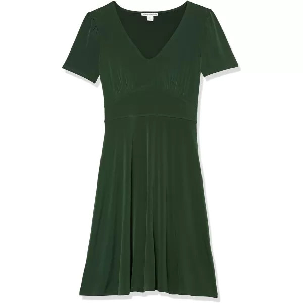 Amazon Essentials Womens Short Sleeve VNeck Gathered Fit and Flare DressDark Green