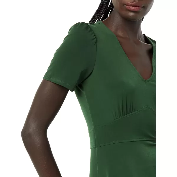 Amazon Essentials Womens Short Sleeve VNeck Gathered Fit and Flare DressDark Green