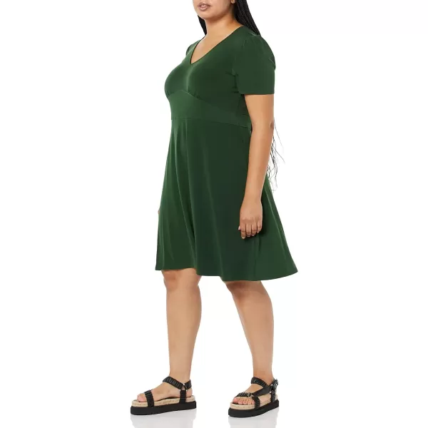 Amazon Essentials Womens Short Sleeve VNeck Gathered Fit and Flare DressDark Green