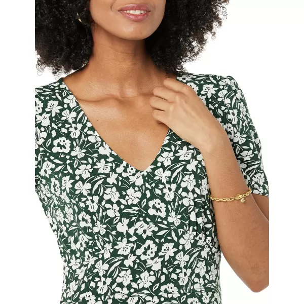 Amazon Essentials Womens Short Sleeve VNeck Gathered Fit and Flare DressDark Green Floral