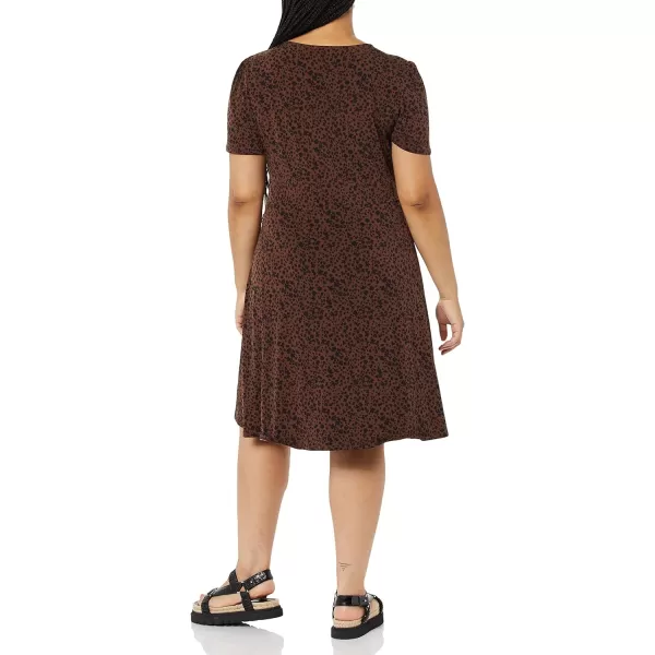 Amazon Essentials Womens Short Sleeve VNeck Gathered Fit and Flare DressDark Toffee Brown Cheetah