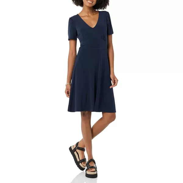 Amazon Essentials Womens Short Sleeve VNeck Gathered Fit and Flare DressNavy