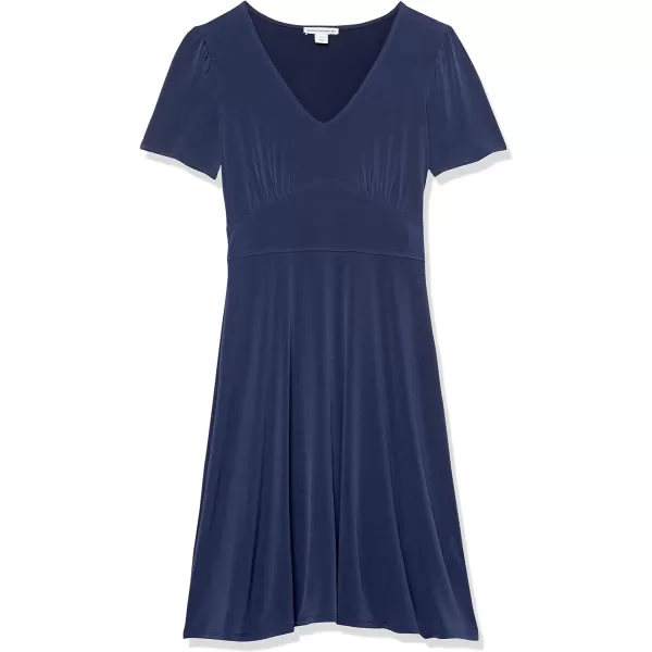 Amazon Essentials Womens Short Sleeve VNeck Gathered Fit and Flare DressNavy