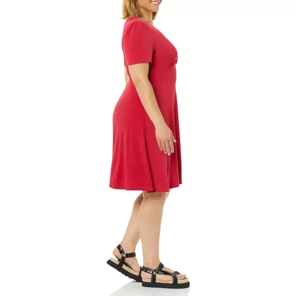 Amazon Essentials Womens Short Sleeve VNeck Gathered Fit and Flare DressRaspberry Red