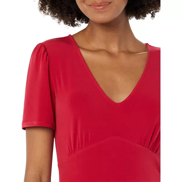 Amazon Essentials Womens Short Sleeve VNeck Gathered Fit and Flare DressRaspberry Red