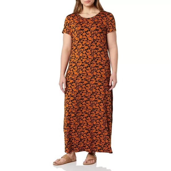 Amazon Essentials Womens ShortSleeve Maxi DressRayon Blend Brown Floral Print