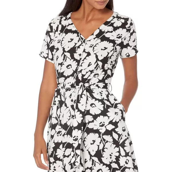 Amazon Essentials Womens ShortSleeve Midi Button Front Tie DressBlackWhite Abstract Floral