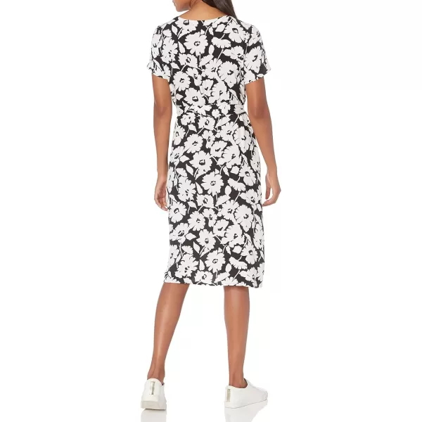 Amazon Essentials Womens ShortSleeve Midi Button Front Tie DressBlackWhite Abstract Floral