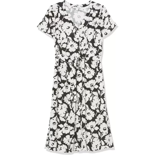 Amazon Essentials Womens ShortSleeve Midi Button Front Tie DressBlackWhite Abstract Floral