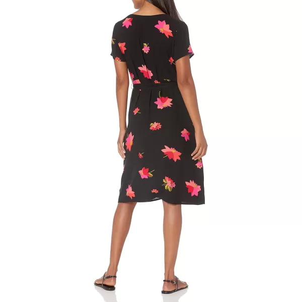 Amazon Essentials Womens ShortSleeve Midi Button Front Tie DressPinkBlack Floral