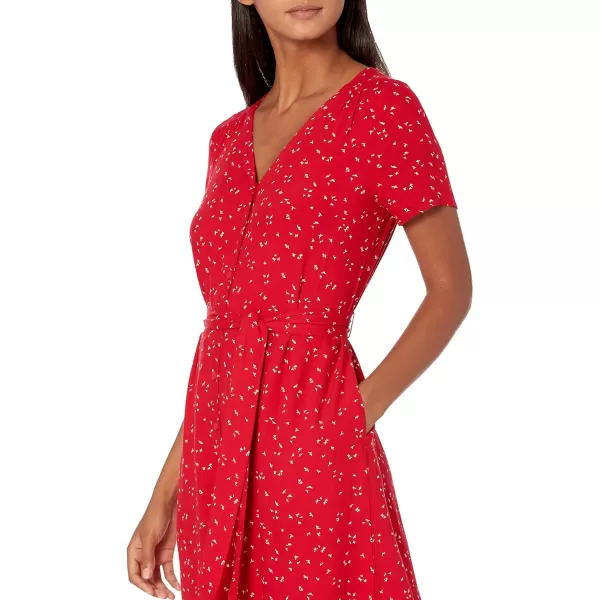 Amazon Essentials Womens ShortSleeve Midi Button Front Tie DressRed Leaf