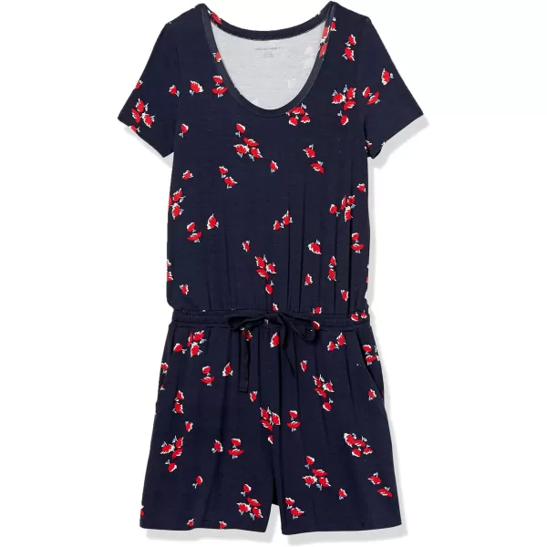 Amazon Essentials Womens ShortSleeve Scoop Neck RomperNavy Red Tulips