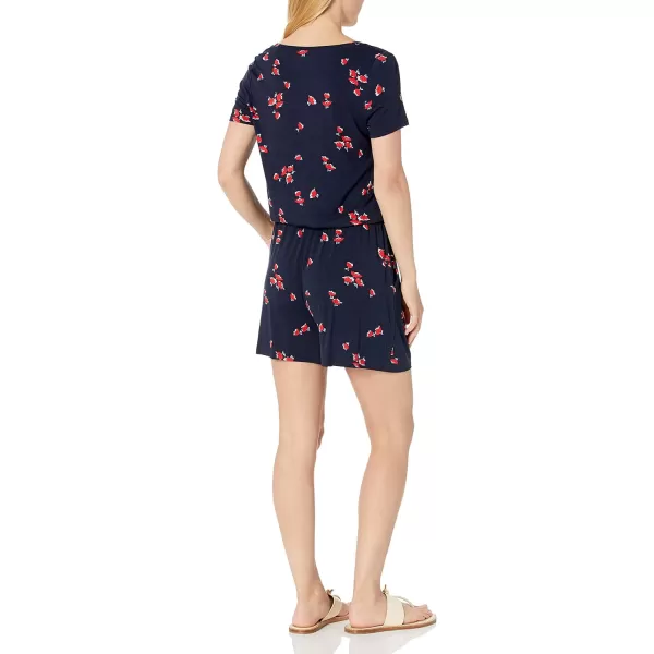 Amazon Essentials Womens ShortSleeve Scoop Neck RomperNavy Red Tulips