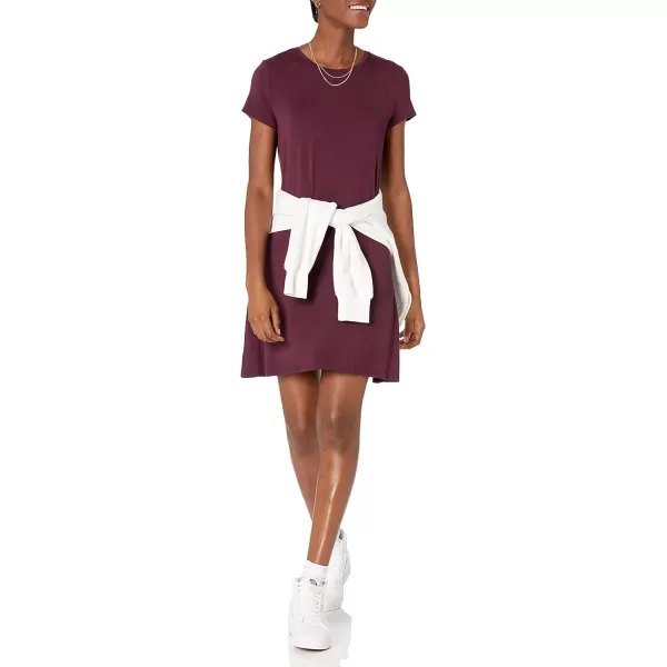 Amazon Essentials Womens ShortSleeve Scoop Neck Swing Dress Available in Plus SizeRayon Blend Burgundy