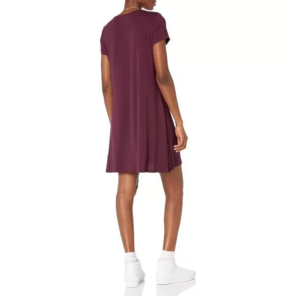 Amazon Essentials Womens ShortSleeve Scoop Neck Swing Dress Available in Plus SizeRayon Blend Burgundy