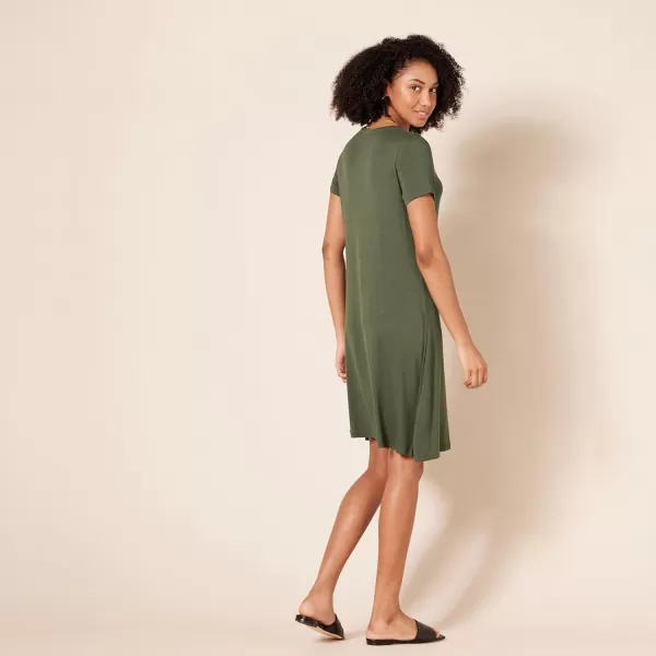 Amazon Essentials Womens ShortSleeve Scoop Neck Swing Dress Available in Plus SizeRayon Blend Dark Olive