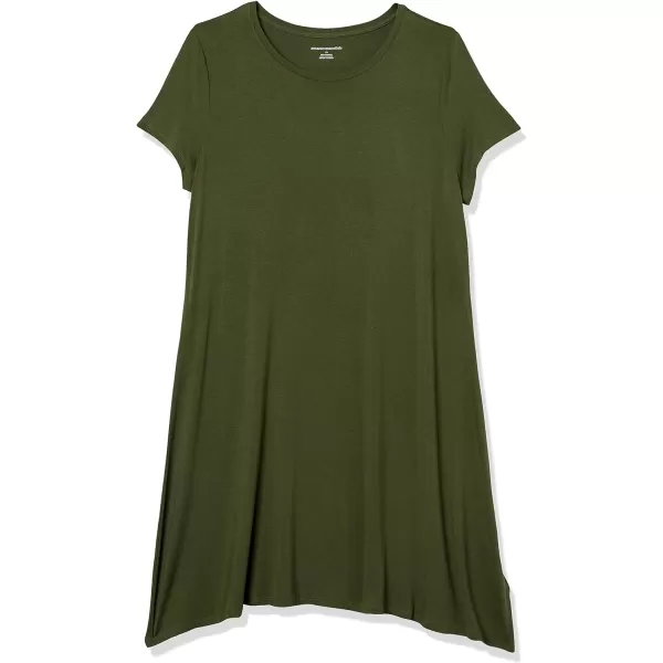 Amazon Essentials Womens ShortSleeve Scoop Neck Swing Dress Available in Plus SizeRayon Blend Dark Olive