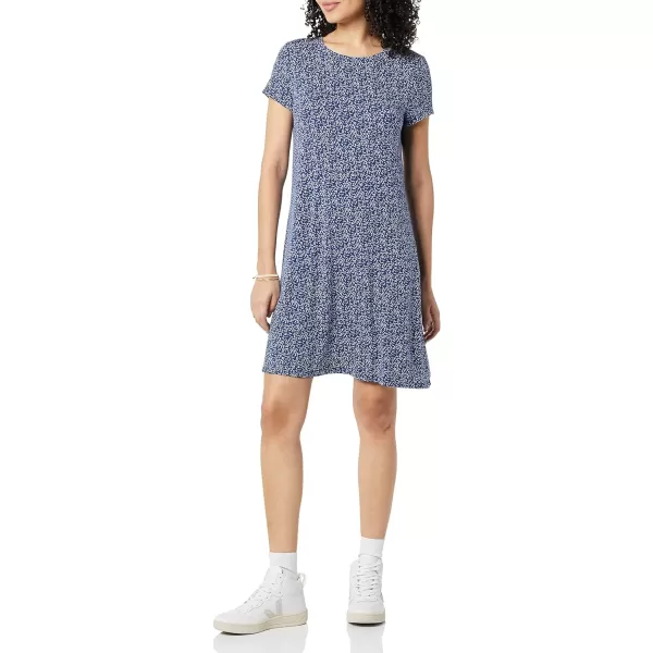 Amazon Essentials Womens ShortSleeve Scoop Neck Swing Dress Available in Plus SizeRayon Blend Navy Animal Print